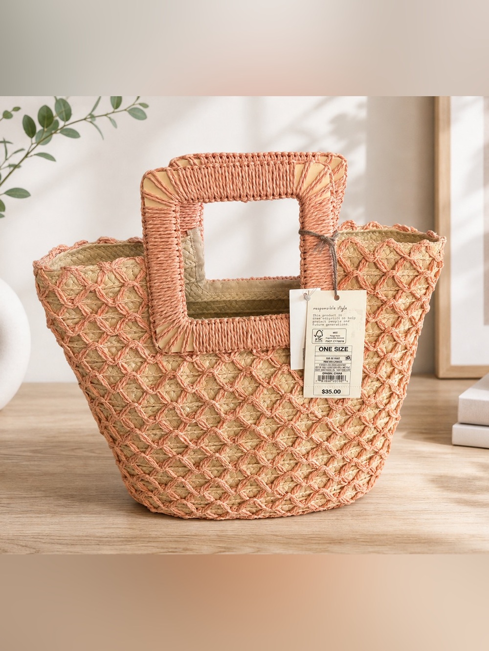 Woven Straw Tote Bag with Square Handles - Peach